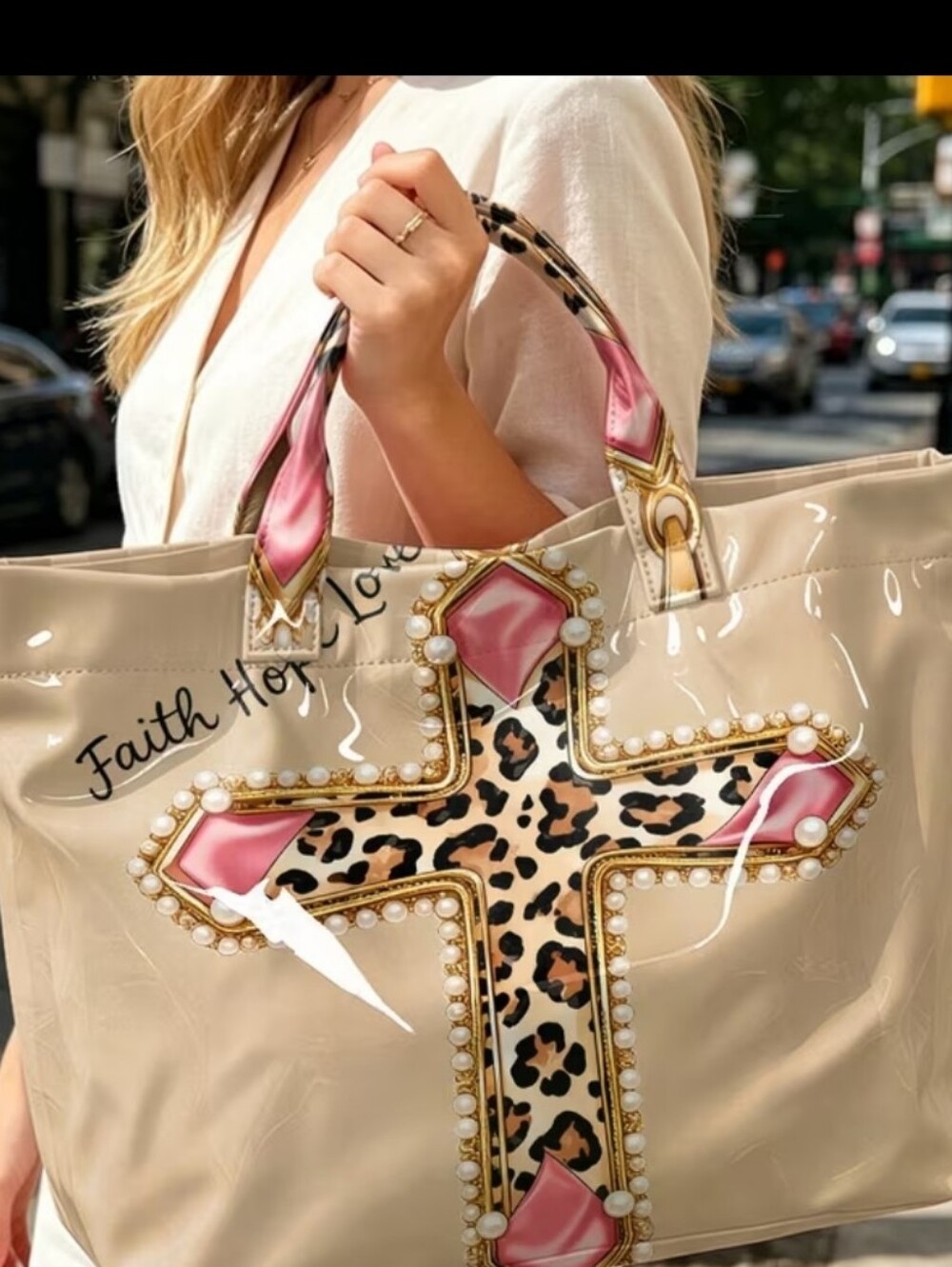 Beige Leopard-Trim Cross Faith Hope Large Tote Bag with Pink Accents. New Style